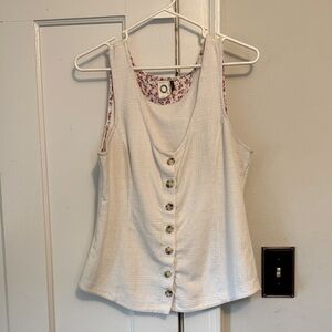 Anthropologie Ivory Button-Front Tank with Floral Trim
